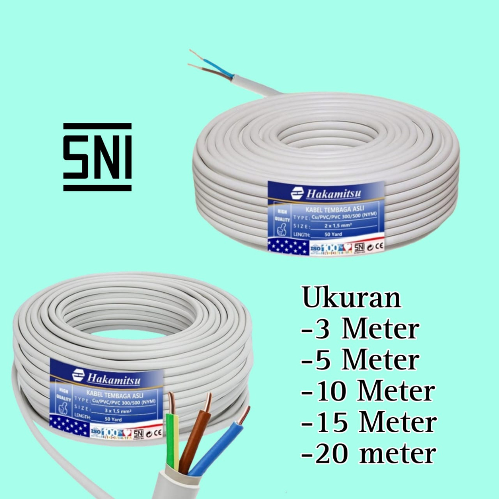 Kabel NYM Panjang 3 , 5 , 10 , 15 , 20M/Ukuran kawat 2x 1,5mm² / 2x 2,5mm² / Kabel Listrik Tembaga Murni PVC SNI / Mrek Hakamitsu