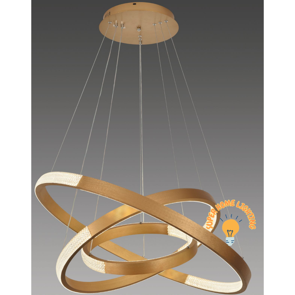 Lampu Gantung Minimalis Modern 3 Ring Kristal Luar Dalam Gold 57618