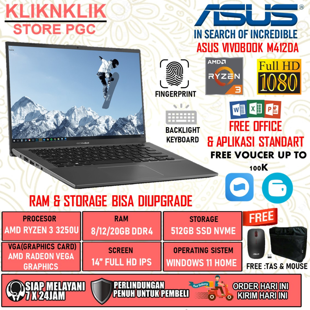 Laptop Asus Vivobook L410MA Intel N4020 Ram 4GB 512GB SSD Full HD Backlight Keyboard Numpad Windows 11 Home