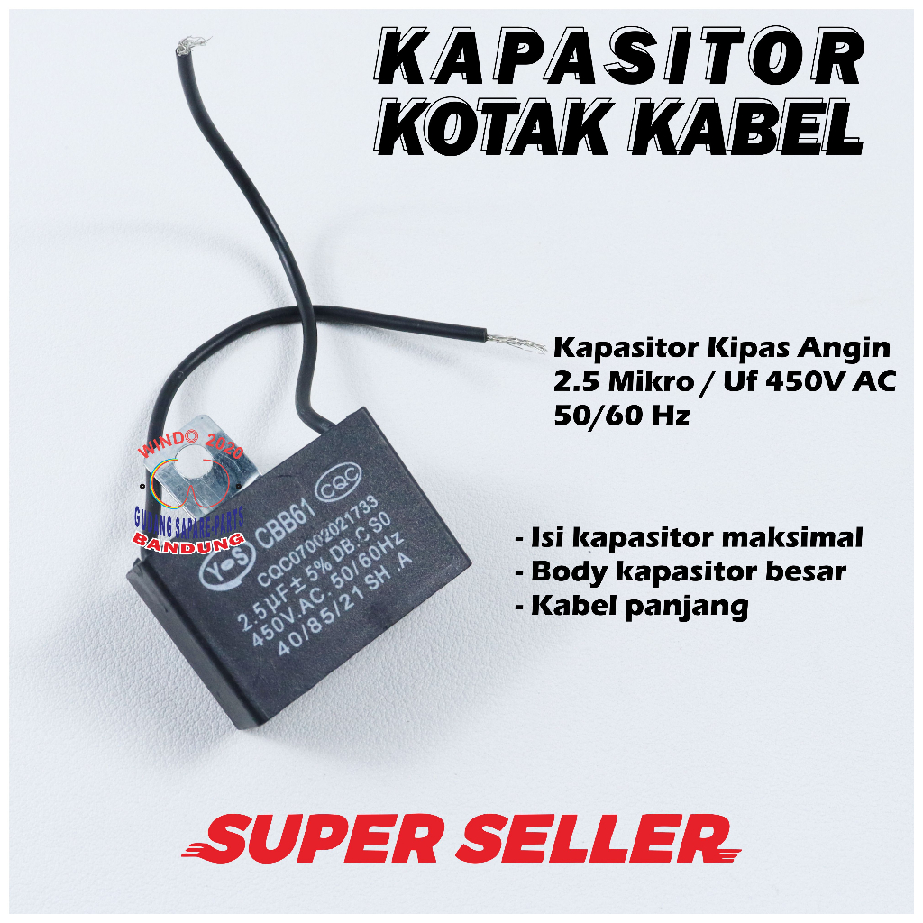 KAPASITOR KOTAK KABEL 2,5UF | KAPASITOR FAN | 2,5 UF | KAPASITOR KOTAK KIPAS ANGIN | KAPASITOR KABEL KOTAK