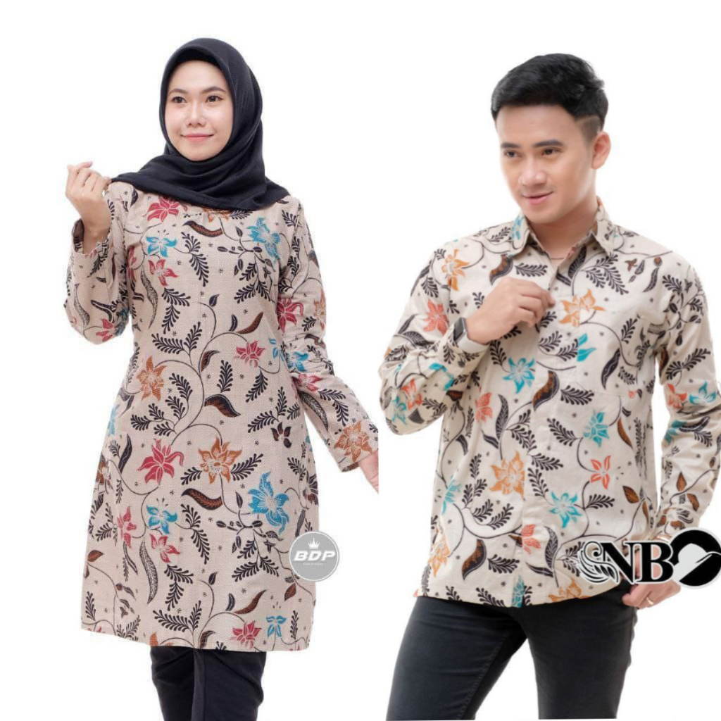 Baju Batik Couple Sarimbit Motif Cendana Krem Cream Rina Katun Lengan Panjang Pendek M-Jumbo