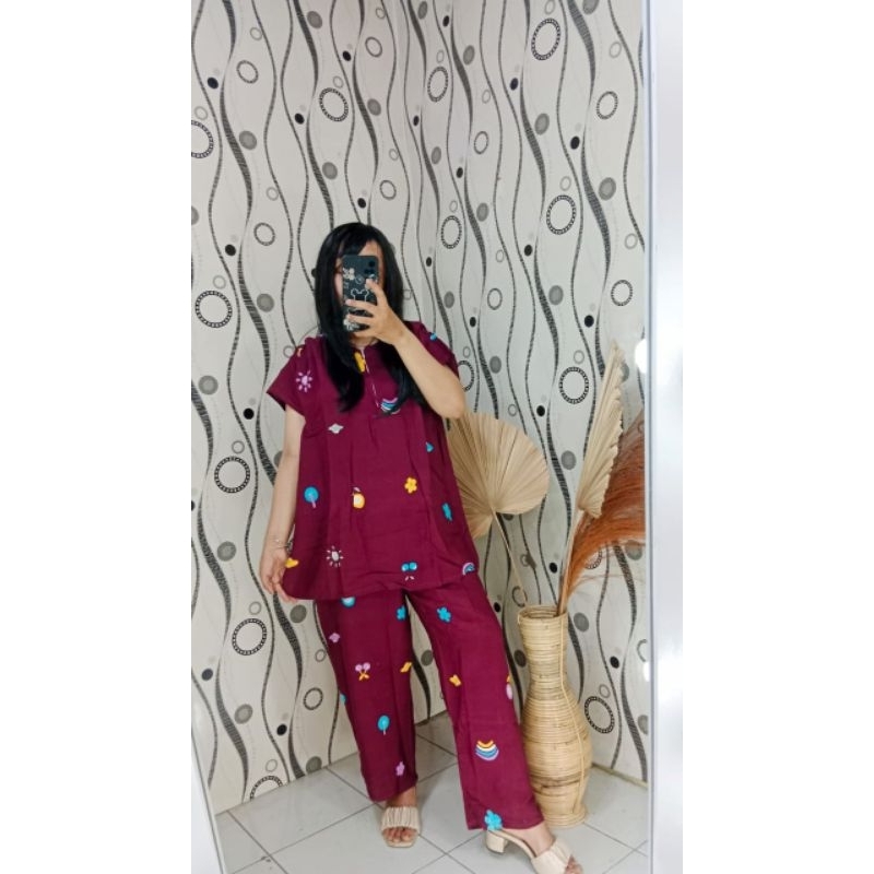 Piyama polos celana  depan Busui babydoll wanita Hits baju tidur perempuan one set jumbo pajamas