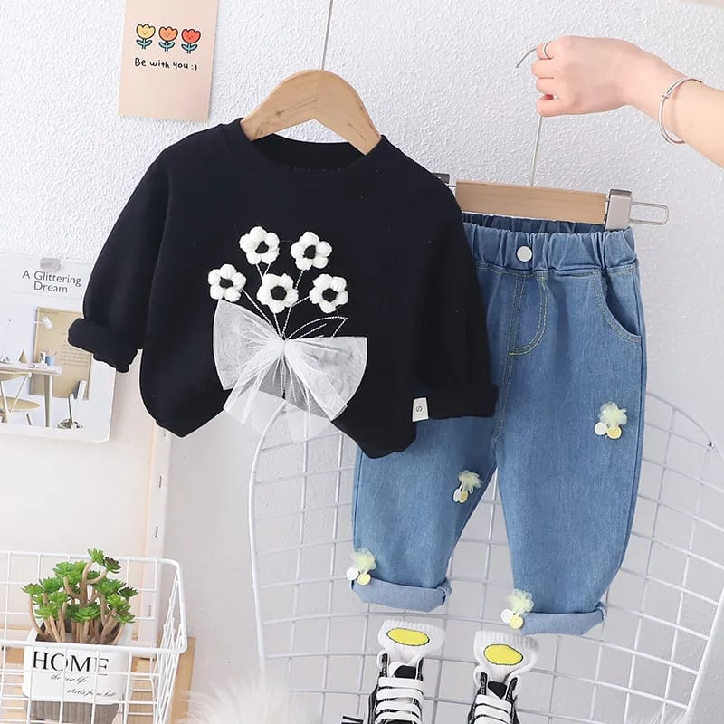 Setelan Baju premium 6 bulan - 5 tahun SET Anak Perempuan Motif BUNGA BLACK lucu -Ananakstore