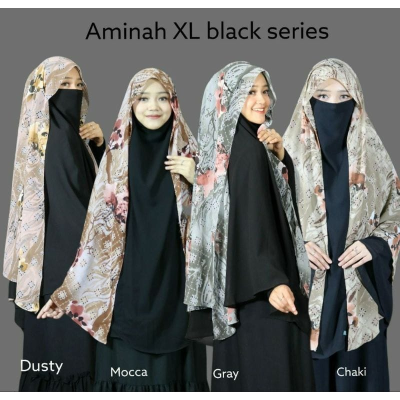 Jilbab Instan Dewasa Kekinian Khimar Jumbo Syari Aminah Motif Seri Black Bahan Seruty Premium