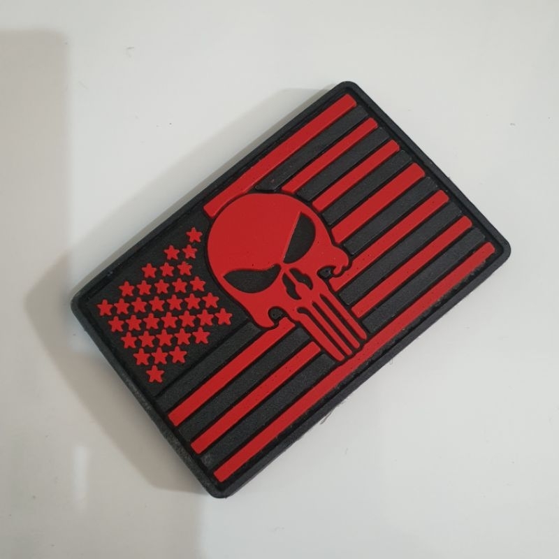 patch rubber logo tengkorak funiser dasar bendera u.s merah / tempelan emblem karet velcro