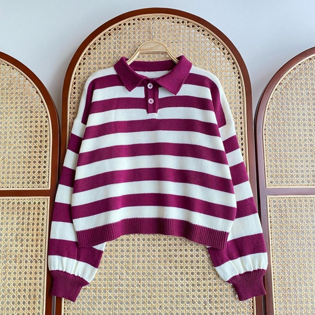 SWEATER KNIT RAJUT OVERSIZE POLO KANCING  STRIP/ATASAN RAJUT KERAH POLO WANITA