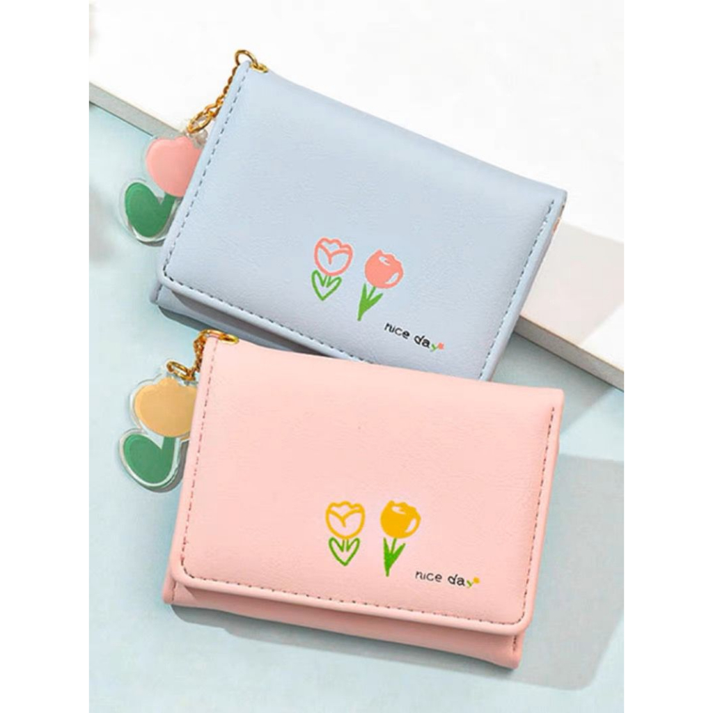 FY Dompet Lipat Mini Dompet Lipat Wanita Motif Flower Free Gantungan Cute