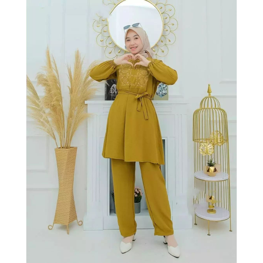 Baju Stelan Wanita Kekinian Nadya Set Variasi Bordir Asli Terlaris Terpopuler Setelan Wanita / Pakaian Wanita Muslim Zipper Depan(Busui) Ikat Pinggang Terpisah Setelan Crinkle Airflow