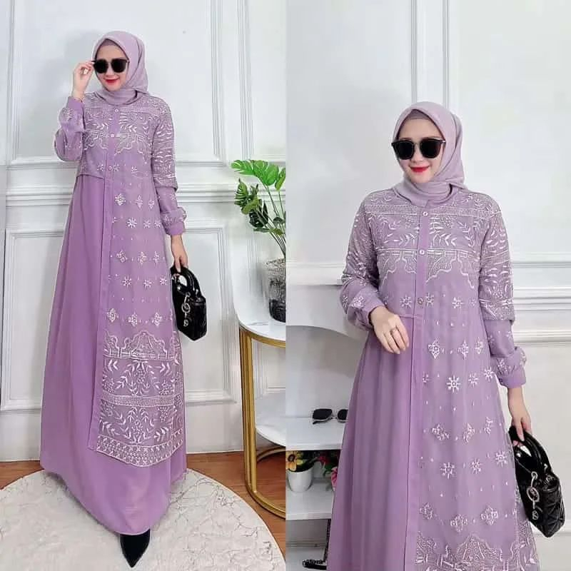 Gamis allena dress bahan ceruty baby doll premium full furing / busui / resleting depan original