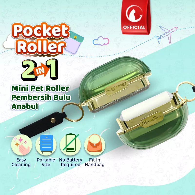 Olive Care Pocket Roller Mini Pet Roller Pembersih Bulu / Rambut Kucing Anjing Anabul 2in1 Travel Friendly