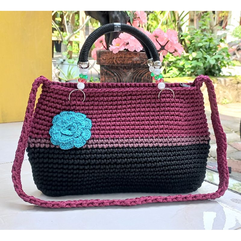 Tas rajut motif bunga tote bag wanita mewah terbaru tas handmade bahan tali kur
