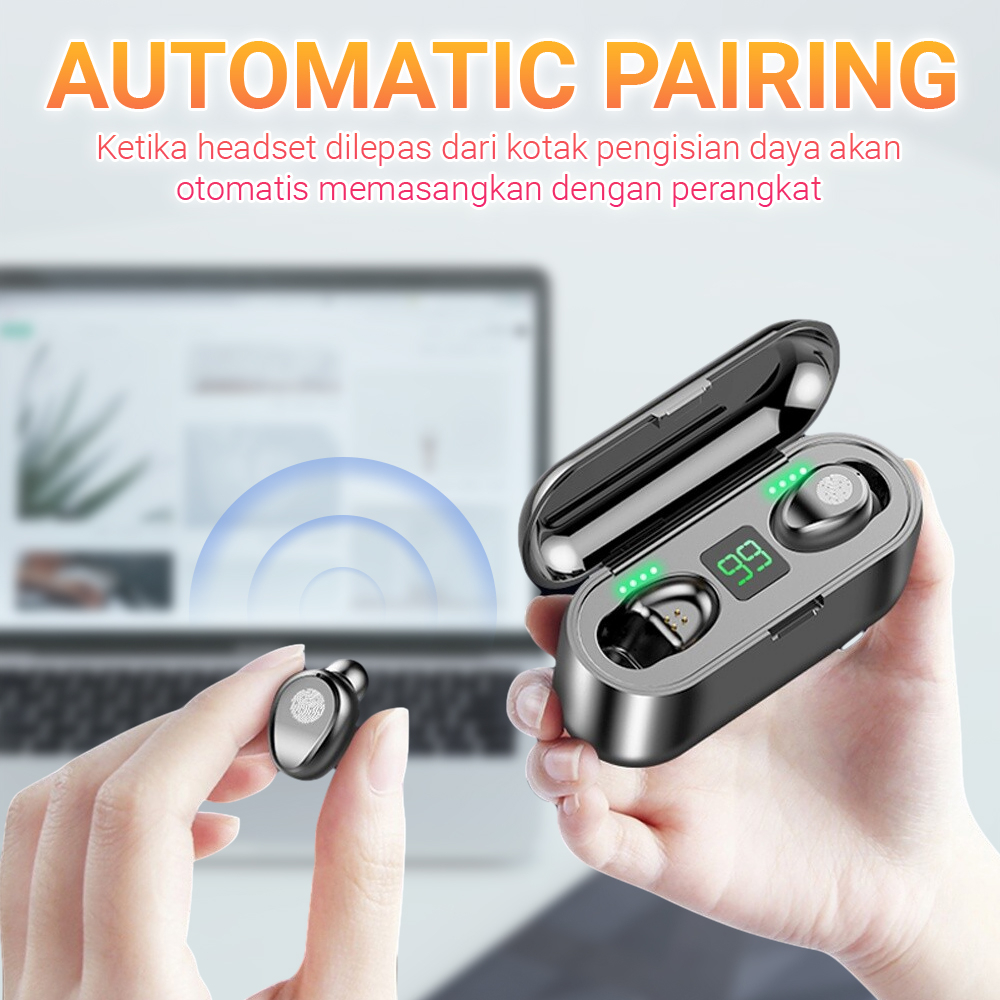 Headset F9 TWS Wireless Earphone Earbuds Bluetooth 5.1 Dengan Mikrofon HIFI Stereo 9D