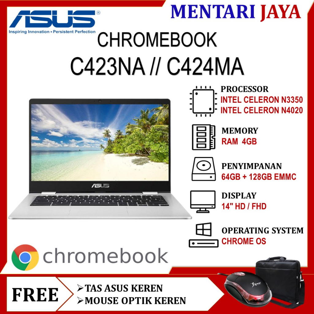 LAPTOP MURAH ASUS CHROMEBOOK C423NA INTEL N3350 4GB 64GB 128GB 14 HD SILVER