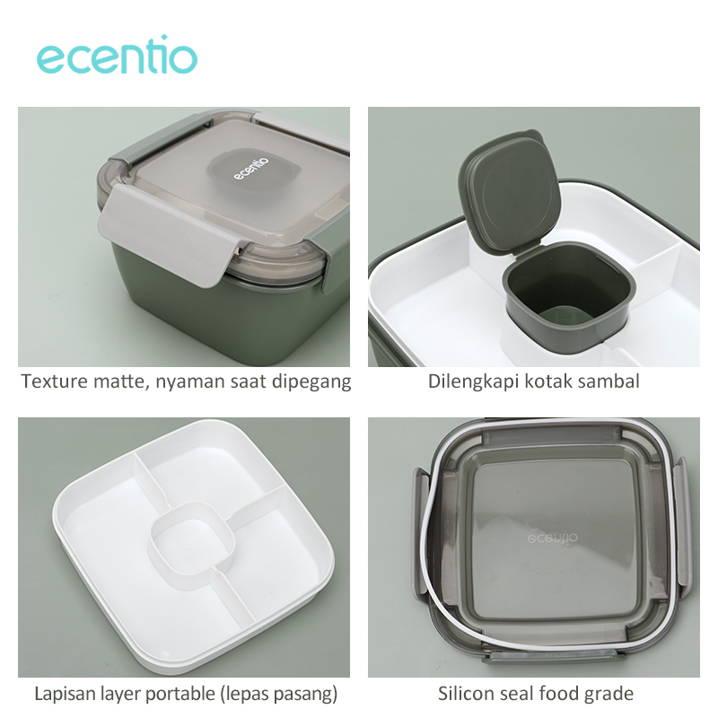 ecentio tempat makan 2 susun anti tumpah lunch box kotak makan BPA Free 1100ml Free Wadah saus kecil