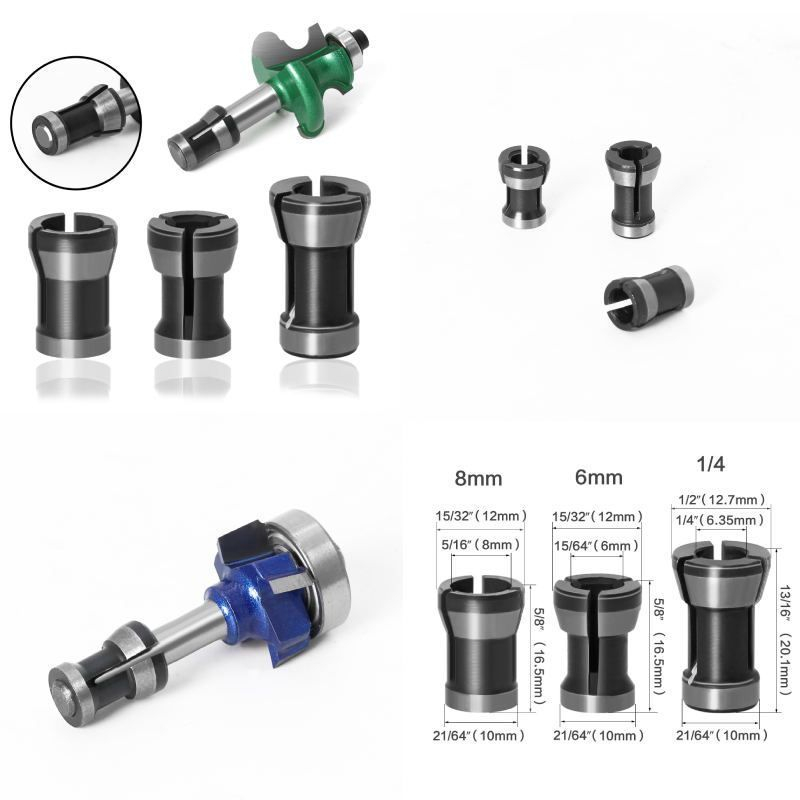 3pcs Adapter collet 6mm 6.35mm 8mm Collet Trimmer Adapter Chuck Collet Mesin Ukir Chuck Trimmer Collet