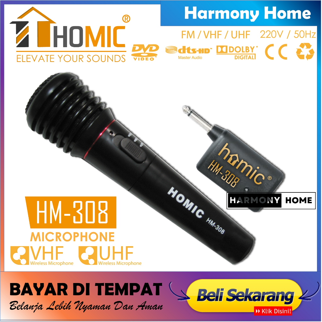 Mic Wireless Microphone Microfon Homic HM 308 Karaoke tanpa kabel original