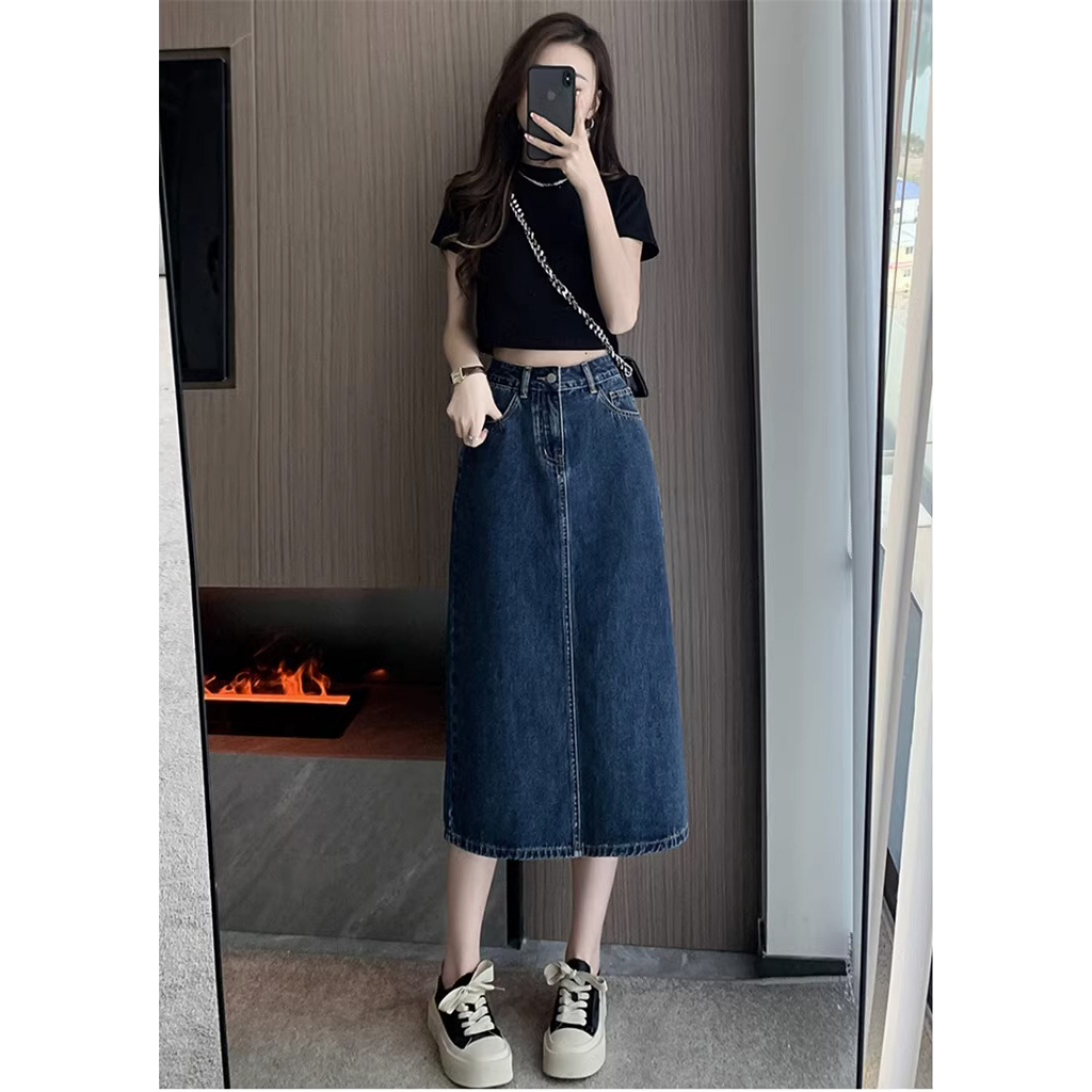 Biru laut Highwaist lucuuk gadis Rok Denim A-Line Fashion Serbaguna Rok Midi