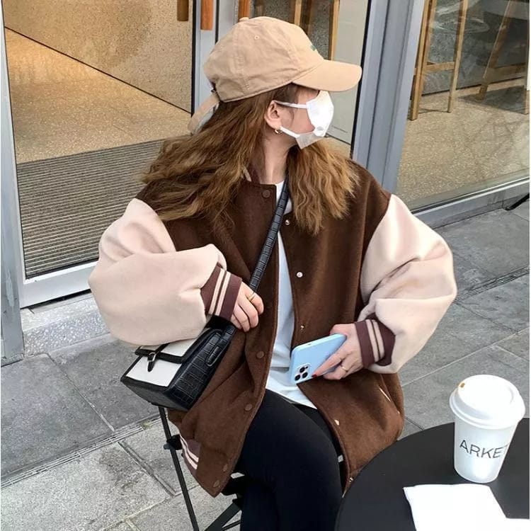 Brownie Baseball Jacket Wanita - Sweater Jacket Baseball Oversize Korean style