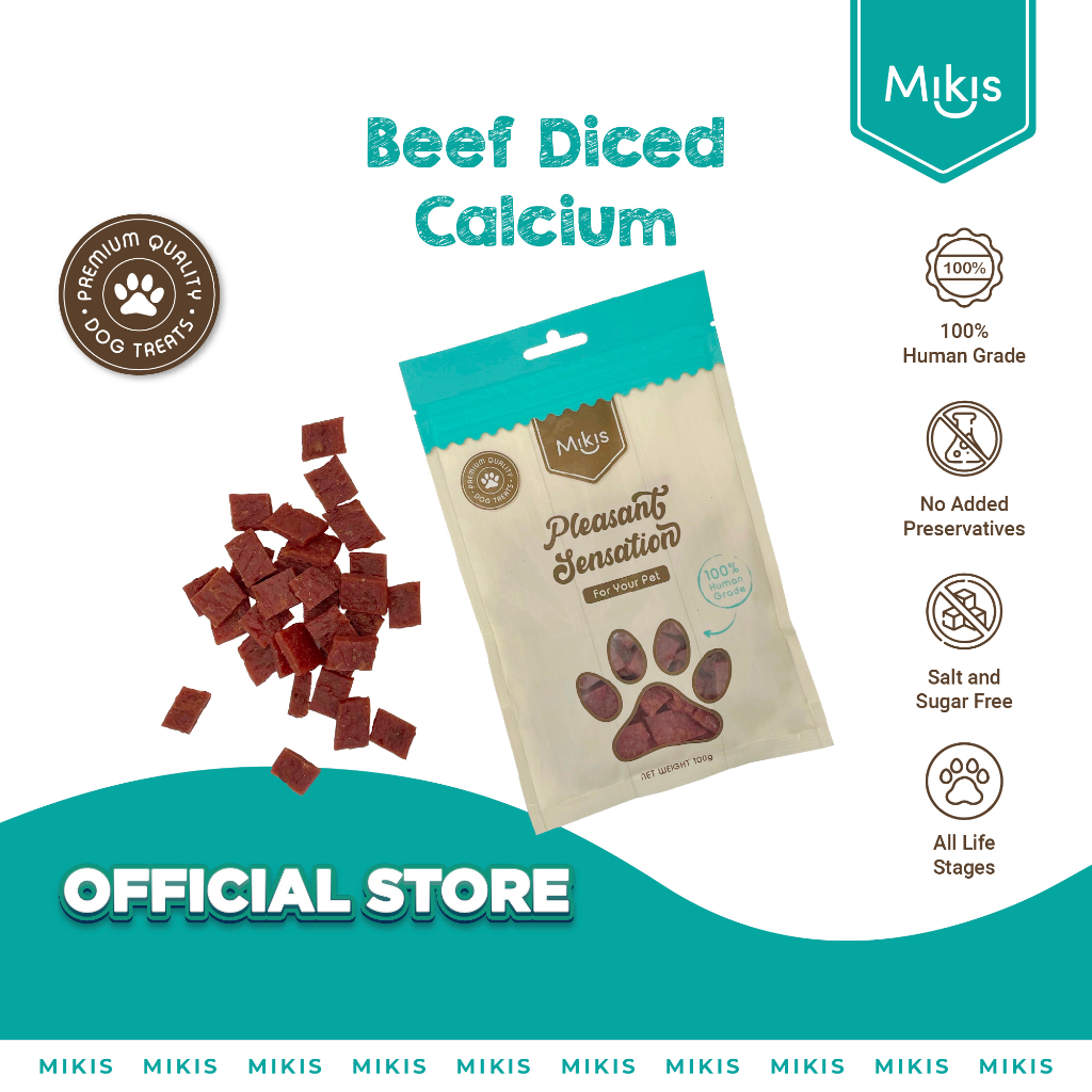 Mikis Snack Cemilan Anjing, Dog Treats, 100g Dog Snack Mikis-Beef Diced Calcium, Human Grade