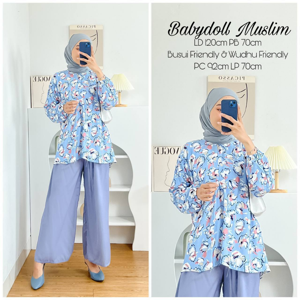 One Set Babydoll Kulot Muslim JUMBO Rayon Viscose Lengan Panjang Busui Friendly Setelan Piyama Babydoll Rayon Viscose Wudhu Friendly