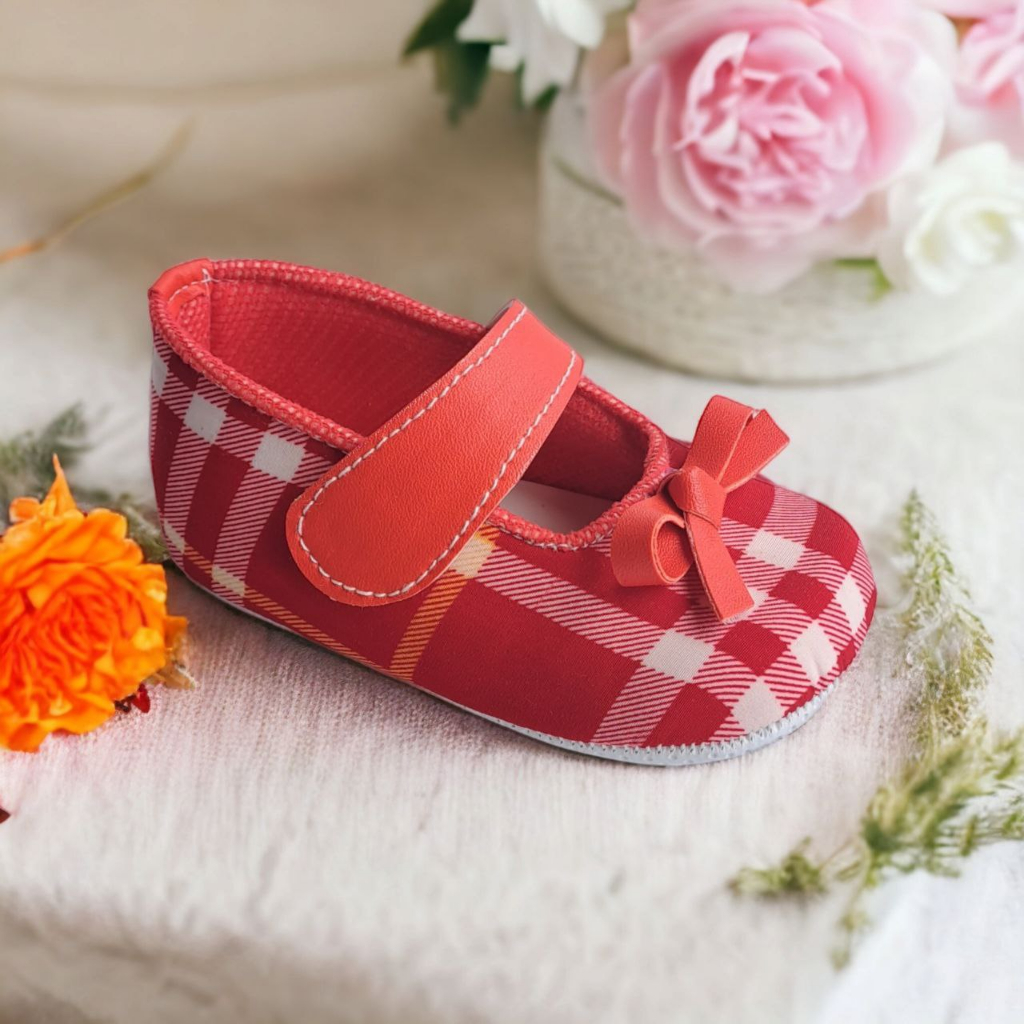 Sepatu Bayi Usia 0 6 Bulan Prewalker Balet Pita Kotak Kotak Baby Shoes Perempuan MERAH