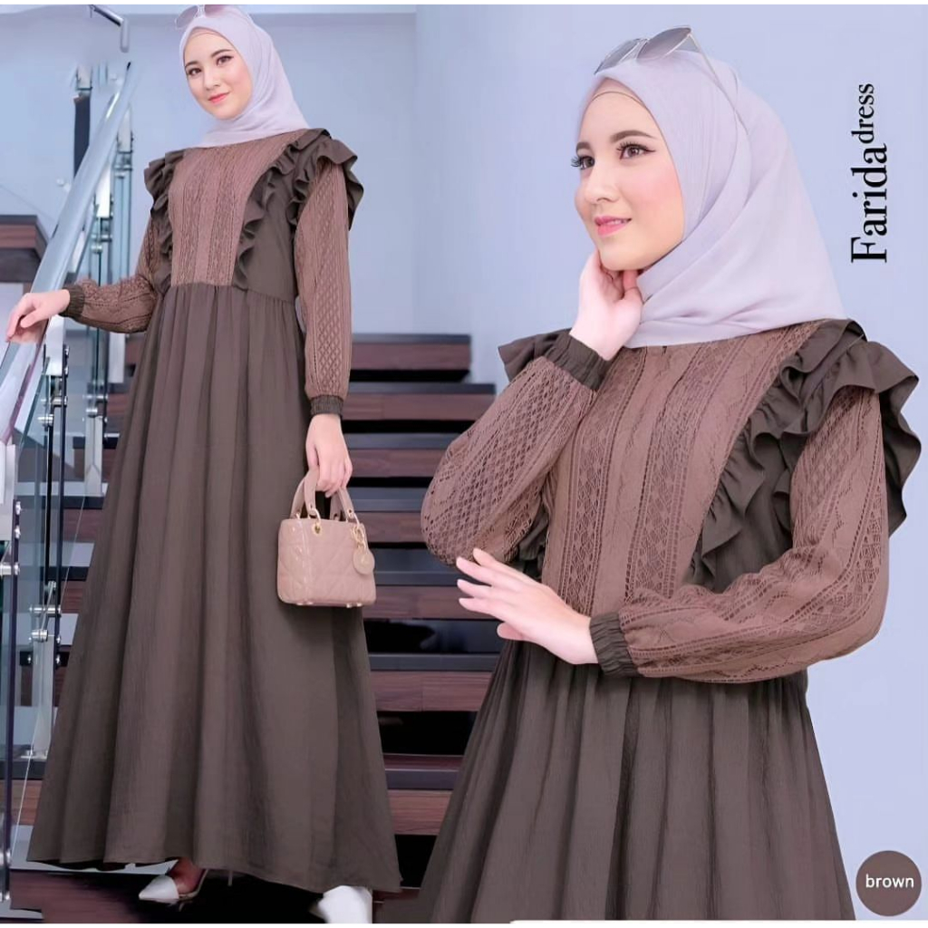 FARIDA DRESS Bahan Cringkle Mix Renda Gamis Fashion Muslim Wanita Dewasa Trend Kekinian Resleting Depan Busui Dress Wanita Remeja Casual Lengan Panjang Motif Terbaru