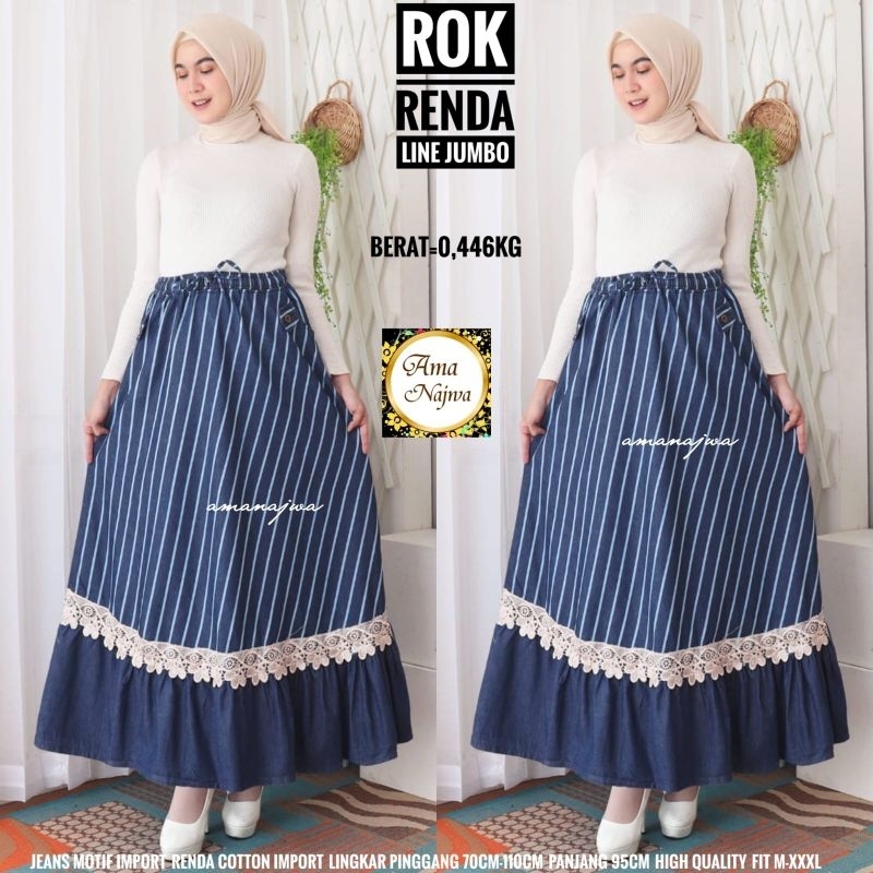 Rok Renda Skirt Mayung Jeans Motif Garis Salur Lp 70-110 Jumbo Fit XXL Pinggang Karet By Amj