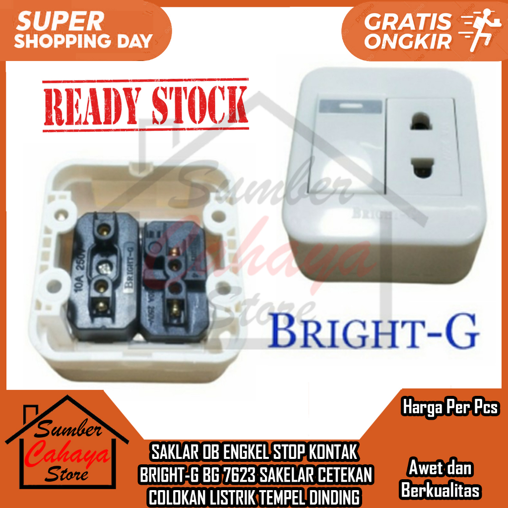 SAKLAR OB ENGKEL STOP KONTAK  BRIGHT-G BG 7623 SAKELAR CETEKAN COLOKAN LISTRIK TEMPEL DINDING SOCKET