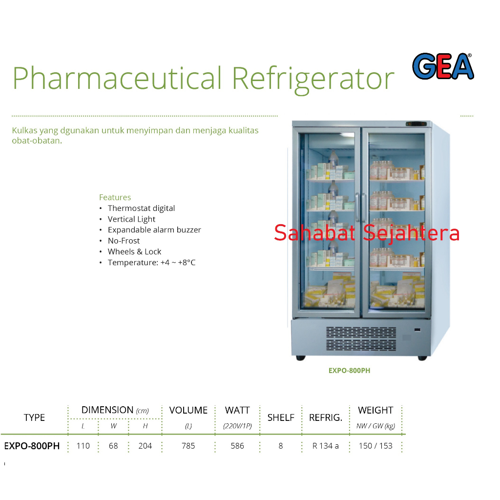 GEA Pharmaceutical Refrigerator EXPO-800PH Kulkas Untuk Penyimpanan Obat Farmasi