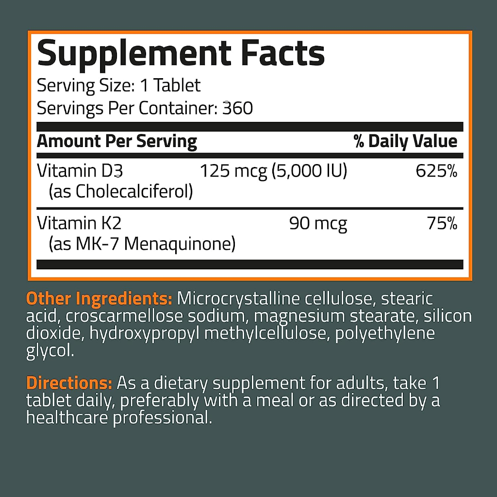 Bronson Basics Vitamin K2 D3 360 Tablet 5000IU 90 mcg - Bone Heart Immunity Supply 1 Tahun