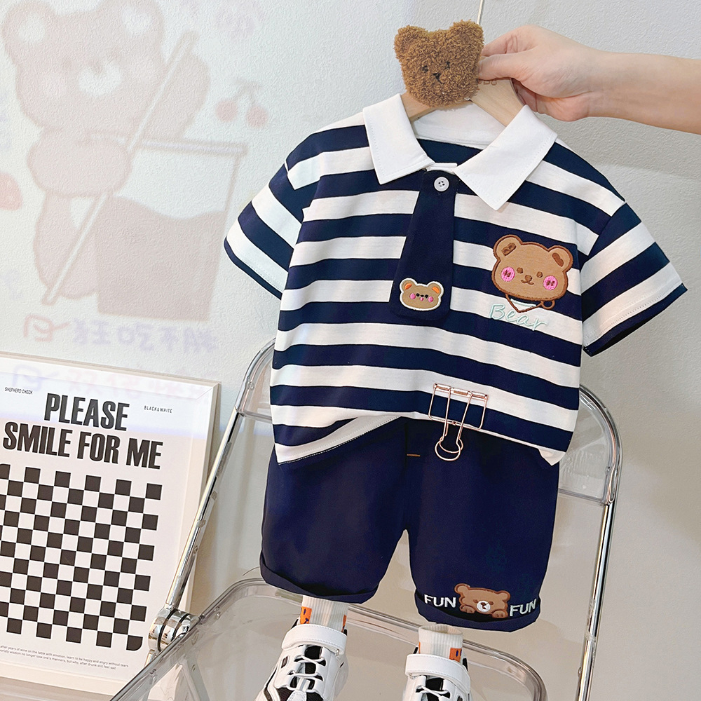 Setelan Anak Laki Laki + dasi LIAM Baju Set 2in1 Kaos Polo Garis dan Celana Pendek Import