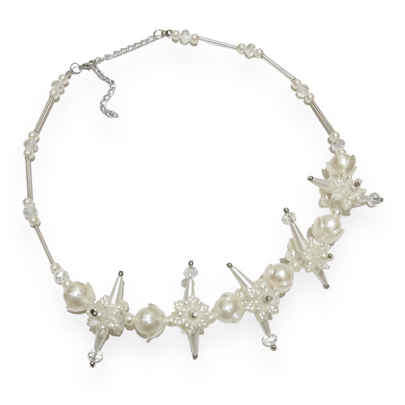 Erica Flowery Crystal Pearl Necklace Kalung Bunga Panjang Hijab Mutiara Kristal