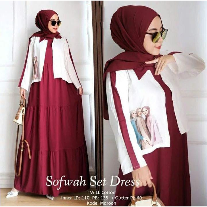 GAMIS SET OUTHER SOFWAH SET BAHAN KATUN RAYON APLIKASI SABLON DAPAT INNER DAN OUTER LD 110 CM P.INNER 135 CM P.OUTER 60 CM P.TANGAN 55 CM SETELAN WANITA TERBARU 2023 KEKINIAN / ONE SET BAJU MUSLIM MODERN / SETELAN GAMIS TERBARU WARNA