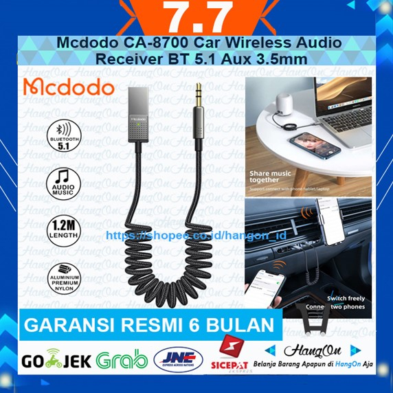 Mcdodo CA-8700 Bluetooth Car Receiver Audio Head Unit Aux 3.5mm Adapter BT 5.1 USB Wireless