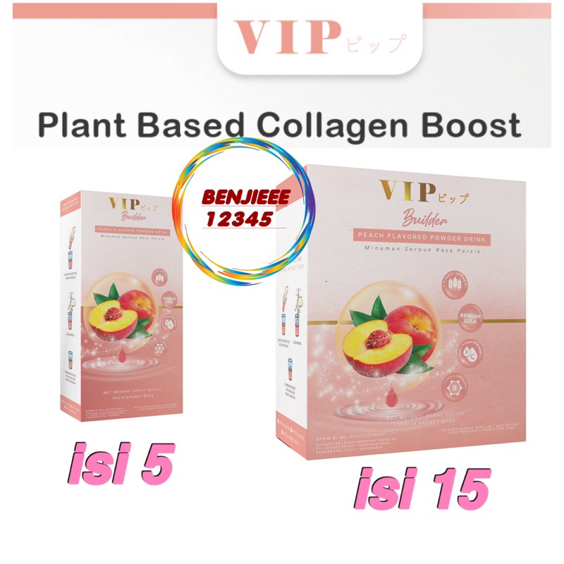 VIP Builder Collagen Peach Plant based minuman kolagen kecantikan kulit pink vegan vegetarian box travel 5 15 sachet