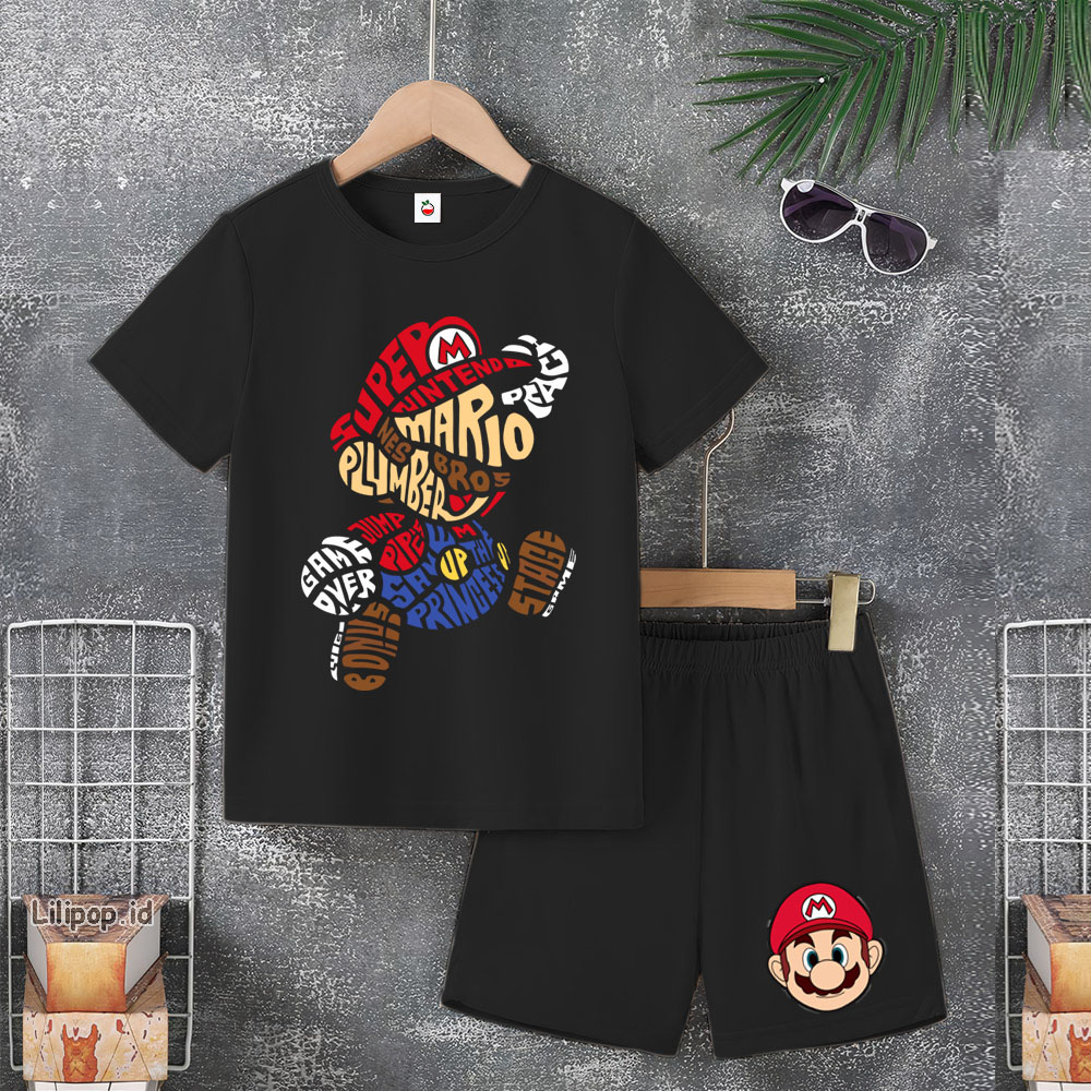 Baju Anak Stelan Usia 5-10 Tahun MARIO BROS Kaos 3/4 Cowok Cewek  Celana Pendek Harian