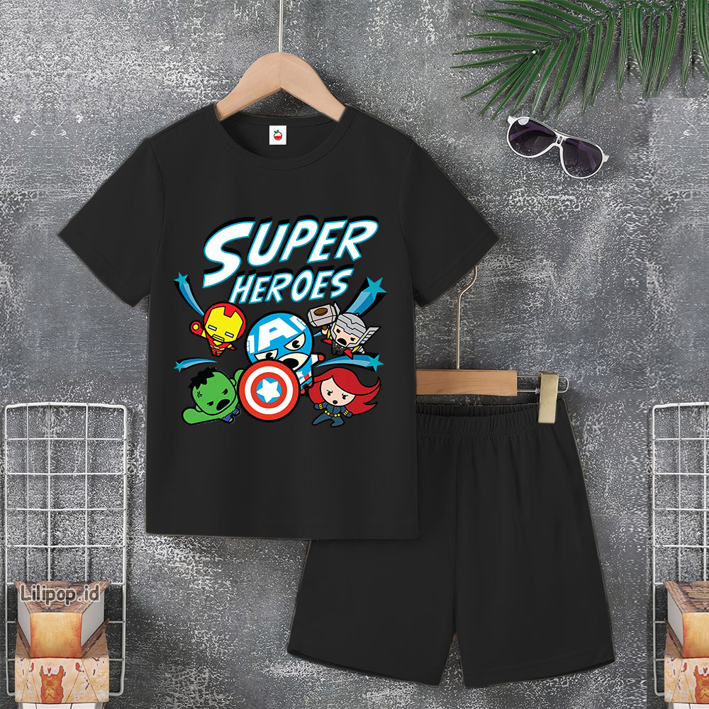 Baju Anak Stelan Usia 5-10 Tahun MARVEL AVENGER Kaos 3/4 Cowok Cewek  Celana Pendek Harian