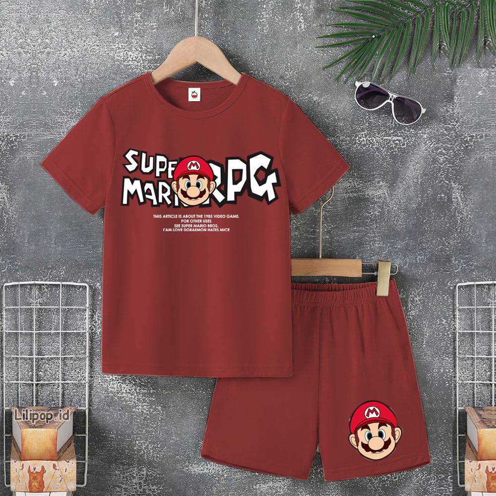 Baju Anak Stelan Usia 5-10 Tahun MARIO BROS Kaos 3/4 Cowok Cewek  Celana Pendek Harian