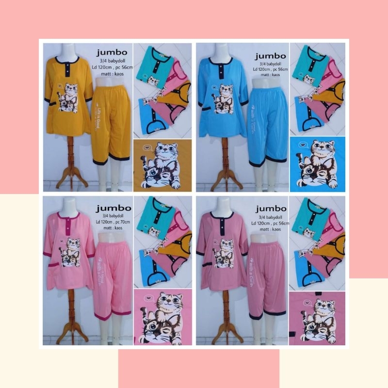 Set Babydoll dewasa 3/4 jumbo ld 120 kaos adem kekinian celana pendek lengan pendek