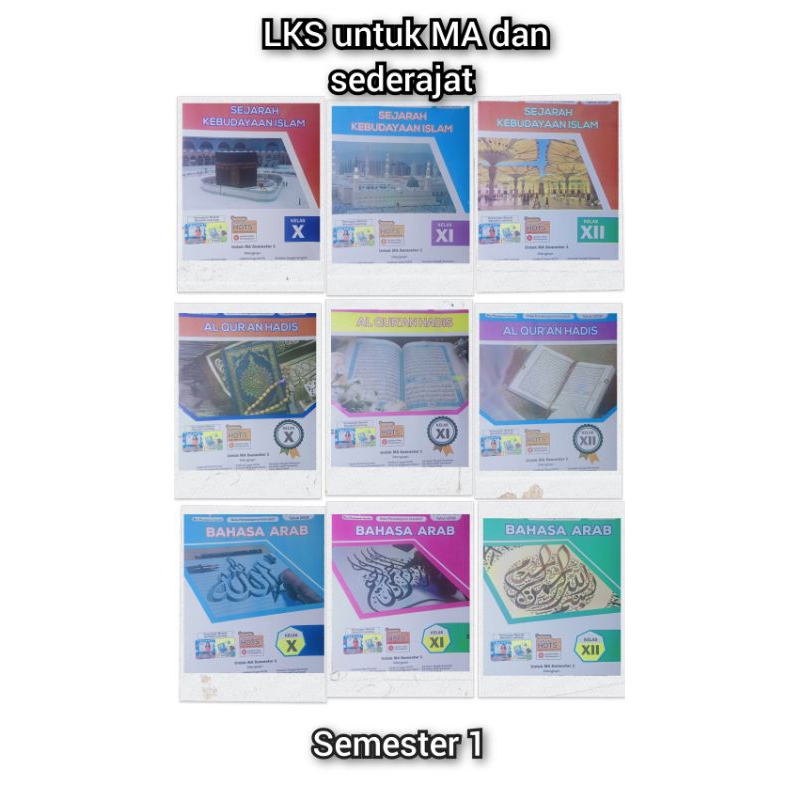 

LKS untuk MA dan sederajat semester 1 kelas 10 11 12 AKIDAH AKHLAK, FIQIH, BAHASA ARAB, AL-QUR'AN HADIS, SEJARAH KEBUDAYAAN ISLAM