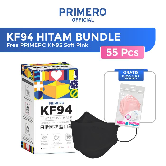 Primero Masker KF94 4Ply Hitam / Soft Pink - 1 box isi 50pcs Free KN95