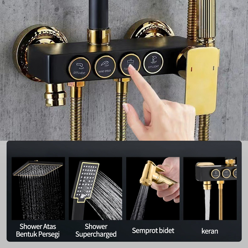 Shower Kamar Mandi 4 Dalam 1 Set Dengan Sprayer Faucet Sprayer / Black Gold Kamar Mandi Shower Set /  Panas Dan Dingin Set Kamar Mandi Besi Tahan Karat