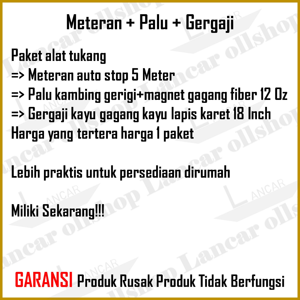 1 Paket Gergaji Gagang Kayu 18 inch / Gergaji Tangan / Gergaji Tukang Meteran Auto Stop 5 M Palu Kambing Gerigi Magnet 12 Oz