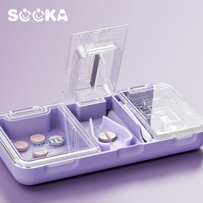 Kotak Obat Multifungsi Sooka - Kotak Obat Multifungsi 3-in-1 dengan Pisau Pemotong dan Penggiling, Kotak Penyimpanan Obat Bayi yang Mudah Dibawa SK-AGB1144