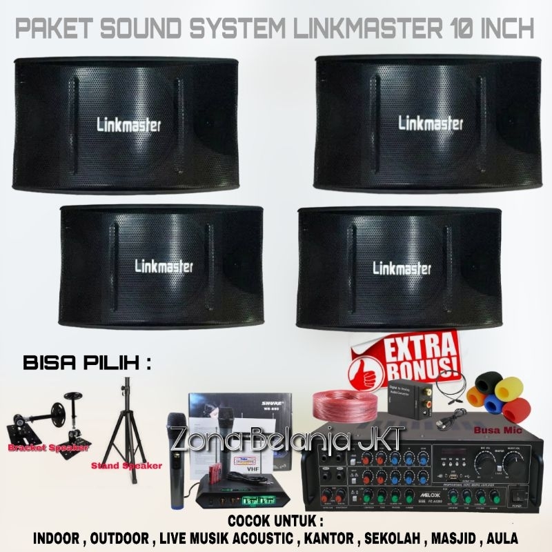 PAKET SOUND SYSTEM INDOOR OUTDOOR 4 SPEAKER LINKMASTER 10 INCH AMPLIFIER USB BLUETOTH MIC WIRELESS