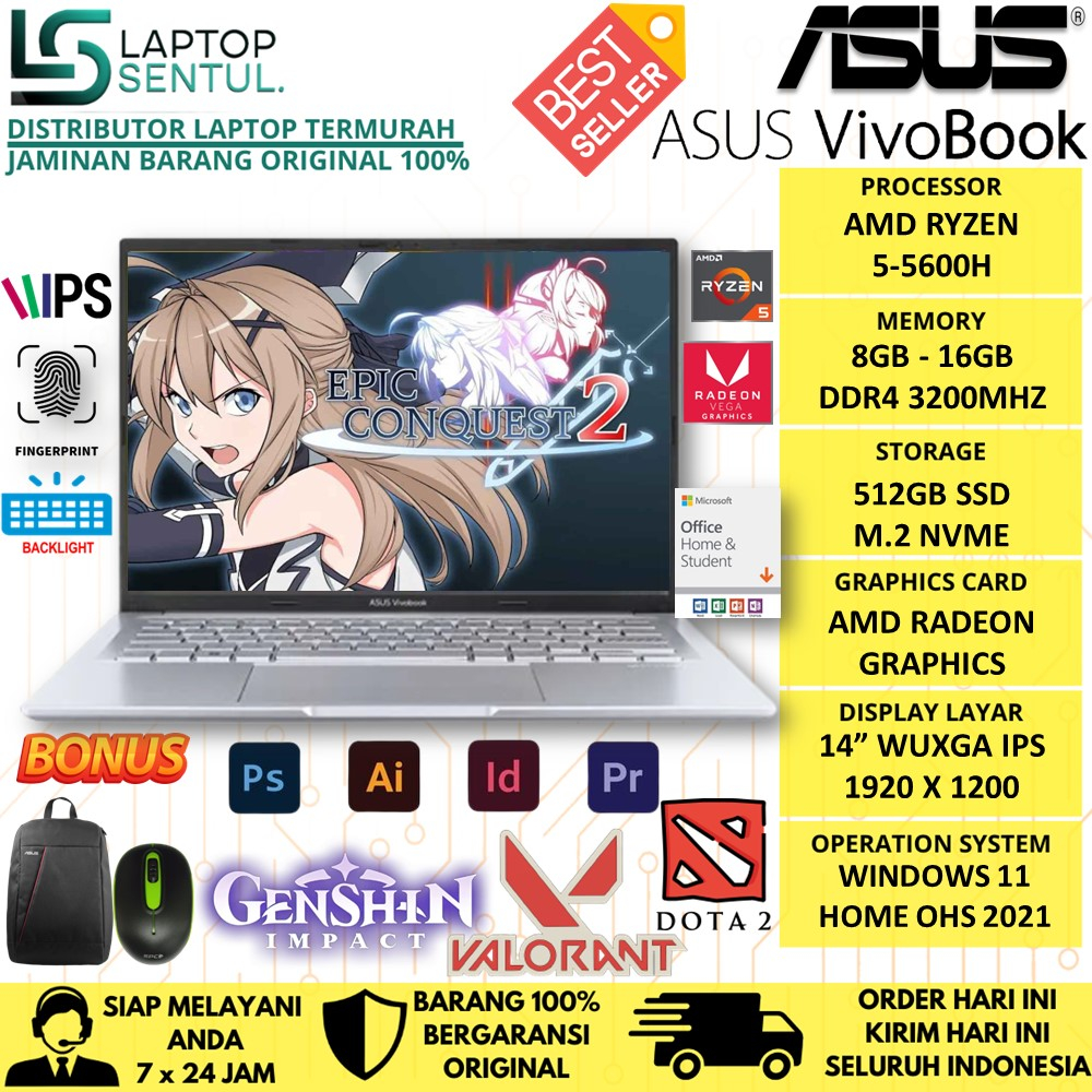 LAPTOP ASUS VIVOBOOK 14X M1403QA AMD RYZEN 5 5600H RAM 8GB SSD 512GB RADEON 7 WUXGA IPS WINDOWS 11 ORIGINAL OHS