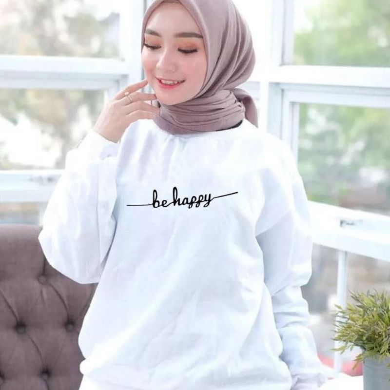 Baju Lengan Panjang wanita BE HAPPY Kaos Distro Keren Baju kekinian/bahan adem