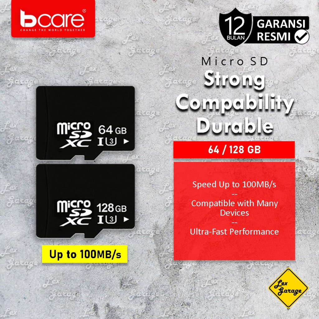 Memory Card Micro SD 128GB 64GB Class 10 100MB/s Bcare Garansi Resmi