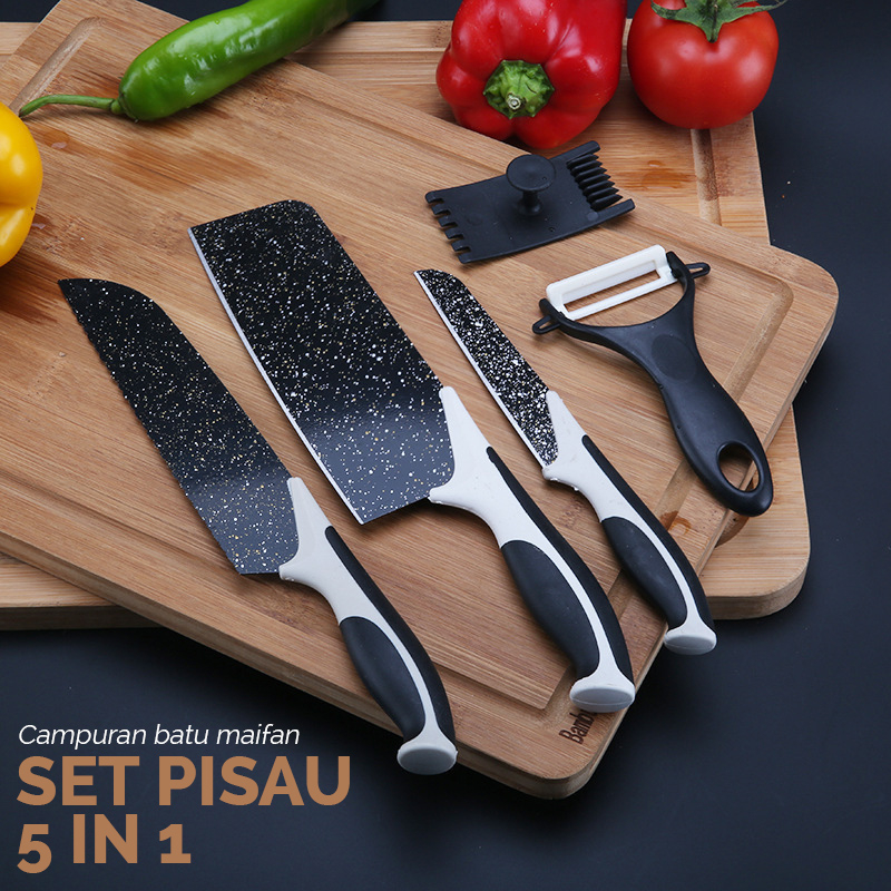 LuxuryParty COD - J13 - Set Pisau Dapur Isi 5 pcs Hitam / Set Pisau Dapur Viral Pisau Batu Maifan Anti Karat