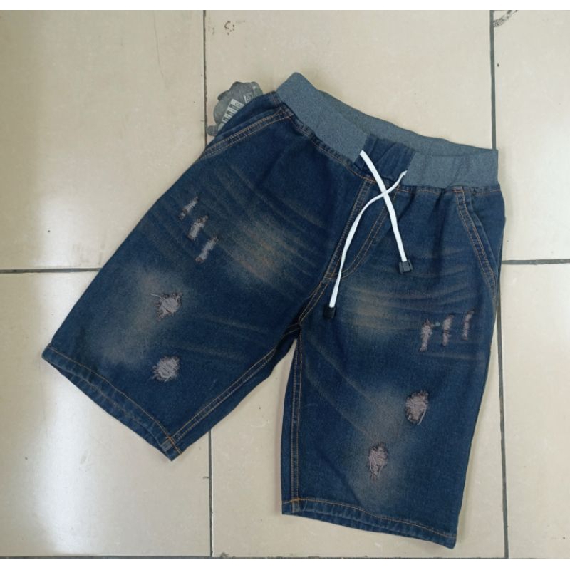 100rb 2 pcs Celana Pendek Jeans Pinggang Karet Tali Serut Sobek Tembus